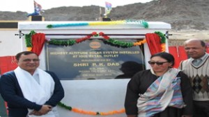 P. K. Das, Executive Director, Punjab State Office and Tsering Dolkar, owner of IOC retail outlet Lotus Zangpo Memorial Filling Station, Leh after inaugurating solar power system. 