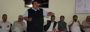 MLA Devender Rana addressing NC convention at Chenani on Tuesday.