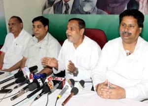 Senior Congress leaders Sham Lal Sharma, Raman Bhalla, Ravinder Sharma and Mula Ram addressing press conference in Jammu on Wednesday.  -Excelsior/ Rakesh 