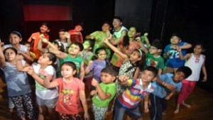 Children learning acting skills in Natrang’s Children Theatre Camp at Jammu on Tuesday.