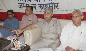 Bhartiya Yog Sansthan office bearers at a press conference at Jammu on Thursday.