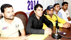 Temporary teachers addressing a press conference at Jammu on Saturday.         -Excelsior/Rakesh