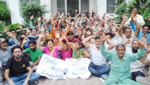 Erstwhile Doda migrants staging protest on Thursday.