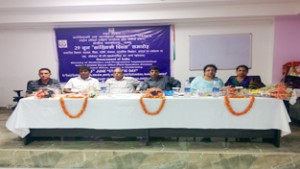 Dignitaries during a function to celebrate ‘Statistics Day’ in the Conference Hall of FCI in Jammu.