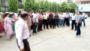 LIC employees holding protest demonstration outside DO Cell, Jammu on Wednesday.