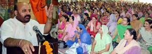 Minister for Social Welfare, Bali Bhagat addressing Anganwadi workers at Jammu on Monday.
