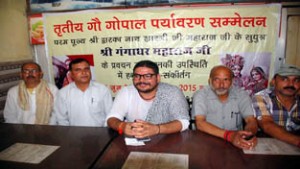 Swami Shri Gangadhar Ji Maharaj addressing a press conference at Jammu on Monday.
