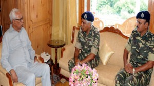 Governor N N Vohra in a meeting with Prakash Mishra, DG CRPF and K. Durga Parsad, Special DG CRPF at Raj Bhavan on Wednesday.