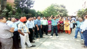 LIC employees during a protest demonstration in front of DO Cell, Jammu on Wednesday.