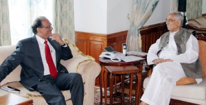 Defence Secretary G Mohan Kumar in a meeting with Chief Minister Mufti Mohd Sayeed in Srinagar on Saturday.