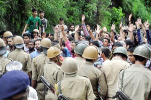 Youths protesting in Rajouri town on Tuesday. -Excelsior/Bhat