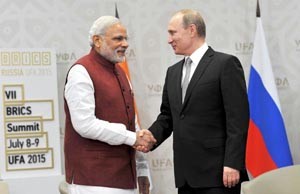 Prime Minister Narendra Modi in bilateral meeting with President of Russian Federation, Vladimir Putin at Congress Hall in Ufa, Russia on Wednesday.(UNI)