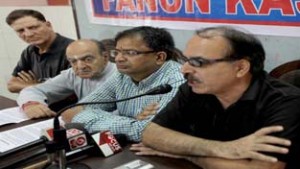PK leaders at a press conference at Jammu on Monday. -Excelsior/ Rakesh