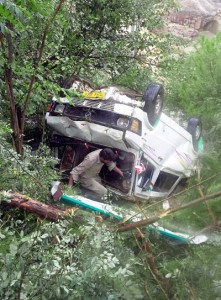 Tempo Traveller which met with accident at Pul Mada on Monday.