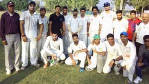 JCC team players posing for group photograph after winning semi-final match against SCC at GGM Science College Cricket ground on Wednesday.