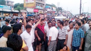 People protesting at Main Chowk Samba on Thursday. —Excelsior/Gautam