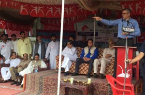 NC working president Omar Abdullah addressing party workers at Ganderbal on Tuesday.
