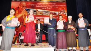 Buddhist leader, Dalai Lama, alongwith others releasing a book containing achievements of 4th Hill Council, at Leh.