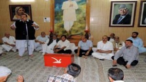 National Conference Provincial President Devender Singh Rana addressing party functionaries on Friday.