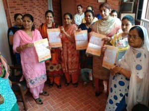 BJP Mahila Morcha leaders during a membership drive in Jammu on Sunday.