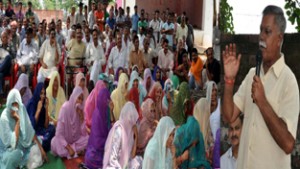 Minister for PHE Sukhnandan Kumar addressing a public gathering at Kathua on Thursday.