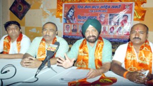 Shiv Sena Bal Thackrey leaders interacting with media persons at Jammu on Wednesday. —Excelsior/Rakesh