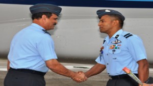 AOC-in-C Western Command, Air Marshal S S Soman being received by a senior IAF officer at Jammu air base on Monday.