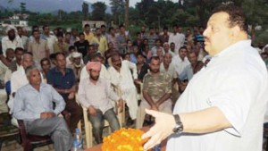 Provincial President NC, Devender Singh Rana addressing party workers at Nagrota on Thursday.