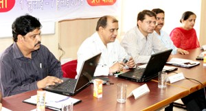 BSNL GM Atul Sharma along with DGMS talking to reporters at Jammu on Wednesday.