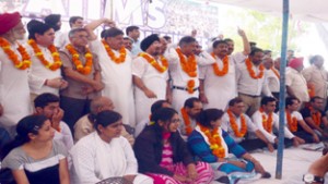 Members of AIIMS Coordination Committee during the Lalkaar rally at Jammu on Saturday.  -Excelsior/Rakesh