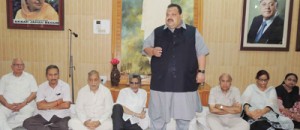 Provincial President NC, Devender Singh Rana addressing the party functionaries at Sher-e-Kashmir Bhavan.