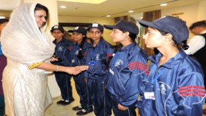 Doda girls interacting with Namita Suhag, president Army Wives Welfare Association in Delhi during their tour organized by Indian Army. 