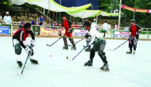  Young skaters in action during Roller Hockey competition at MA Stadium in Jammu on Sunday.                  -Excelsior/Rakesh 