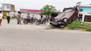 Alto car which was hit by superfast bus at Swankha Morh on Friday.  -Excelsior/Gautam