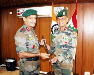 Lt Gen Subrata Saha hands over baton of 15 Corps to Lt Gen S K Dua at Badami Bagh Cantonment in Srinagar.