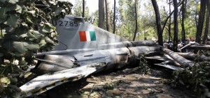 Wreckage of MIG-21 fighter jet that crashed in Soibugh area of Budgam on Monday. -Excelsior/Amin War