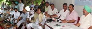 Health Minister Lal Singh and AIIMS CC members holding separate press conference at Jammu on Wednesday.
