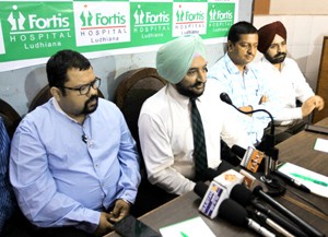 Vivan Singh Gill, Facility Director, Fortis Hospital Ludhiana, along with others addressing a press conference at Jammu on Saturday.  -Excelsior/ Rakesh