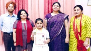 Nakshtrika Gupta being felicitated at DPS in Jammu on Friday.