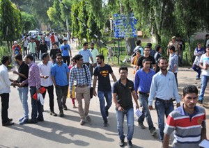 Candidates coming out of an examination centre at Jammu  on Sunday.  -Excelsior/Rakesh