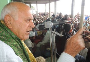 NC president Dr Farooq Abdullah addressing a public gathering at Rajouri on Tuesday.