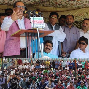 Deputy Chief Minister Dr Nirmal Singh addressing a public gathering at Poonch on Tuesday. 