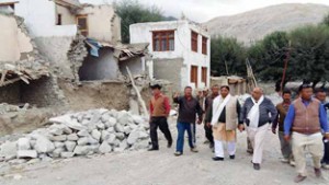 BJP leaders taking stock of the damages caused by flash floods and heavy rains in Nubra valley on Monday.