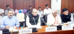 Union Finance Minister Arun Jaitley, flanked by Union Ministers Bandaru Dattatreya, Dr Jitendra Singh and Piyush Goyal, presiding over a meeting of Government’s inter-ministerial committee with the leaders of Central Trade Unions at New Delhi on Wednesday.