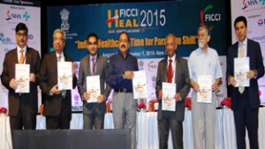 Union Minister Dr Jitendra Singh releasing the Conference Book during the inaugural function of the "Healthcare" conference organized by the Federation of Indian Chambers of Commerce and Industry (FICCI)) at New Delhi on Monday.