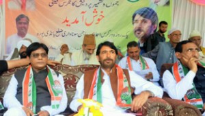 JKPCC chief G A Mir addressing public gathering at Hajin on Sunday.
