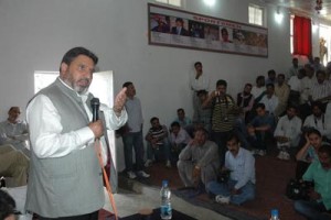 Minister for R&B Altaf Bukhari addressing people at Poonch on Tuesday.
