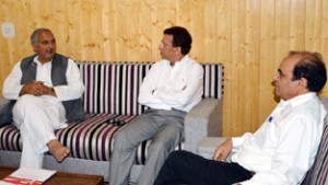 Chairman Hajj Committee of India Qaiser Shamim in a meeting with Minister for Hajj and Aquaf, Abdul Rehman Veeri at Srinagar on Thursday.