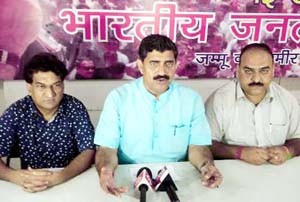 BJP State President, Jugal Kishore Sharma addressing press conference at Jammu on Saturday. -Excelsior/Rakesh