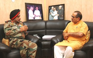 Lt Gen KJ Singh, Army Commander Western Command in a meeting with Deputy Chief Minister Dr Nirmal Singh.